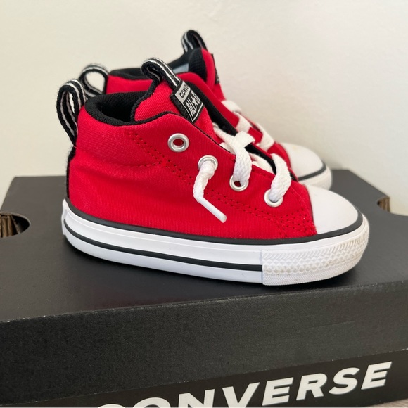 Lightly worn, red/black/white mid high-top converse-sneaker, infant US 5. - Picture 3 of 6